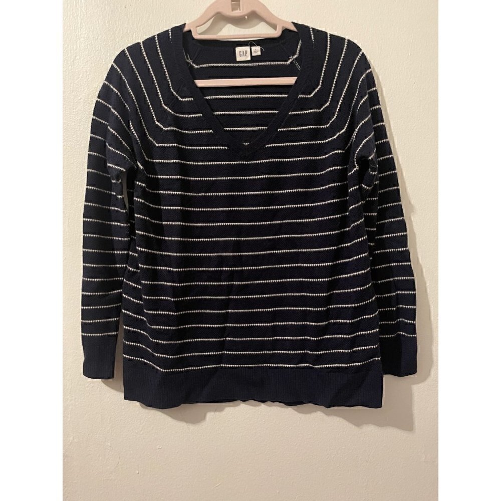 Gap Women's Merino Wool Blend Navy White Stiped V-Neck Long Sleeve Top Size L
